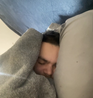 Kenny asleep, demonstrating the biggie bag method